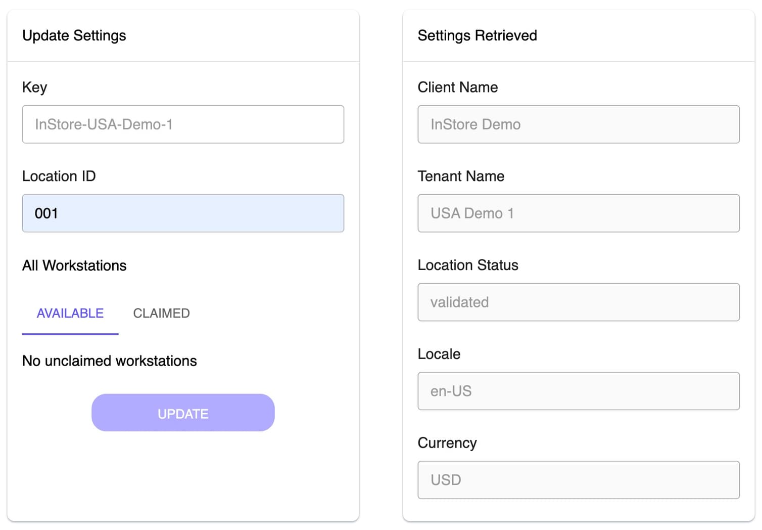 Settings page user interface
